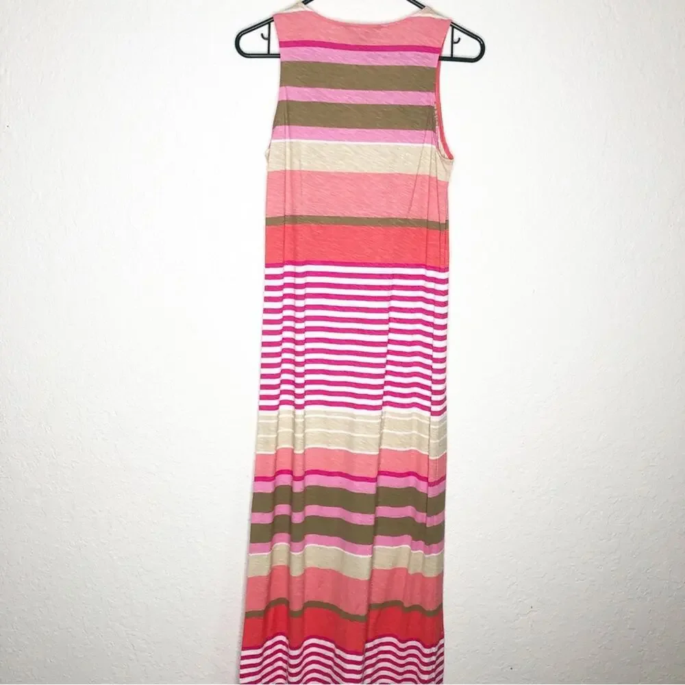 Tommy Bahama pink white tan striped sleeveless maxi dress size Extra Small XS